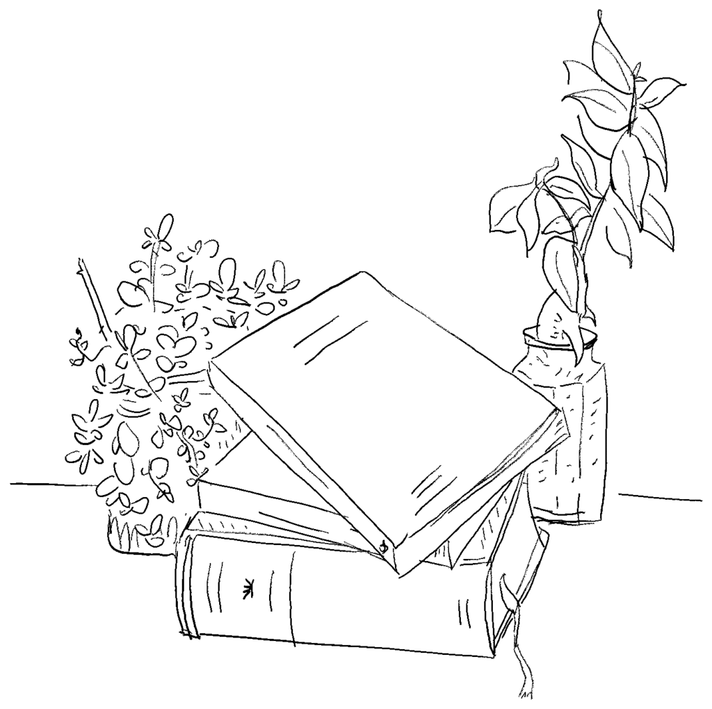Dessin à la main d'une pile de livres, grammaires et dictionnaires, devant de petites plantes en bocaux.